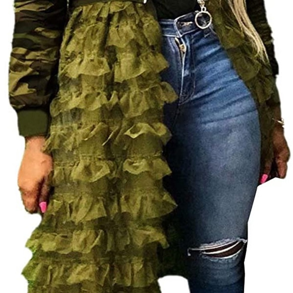 LROSEY Ruffle Patchwork Bomber Jacket Trench Coat Dress